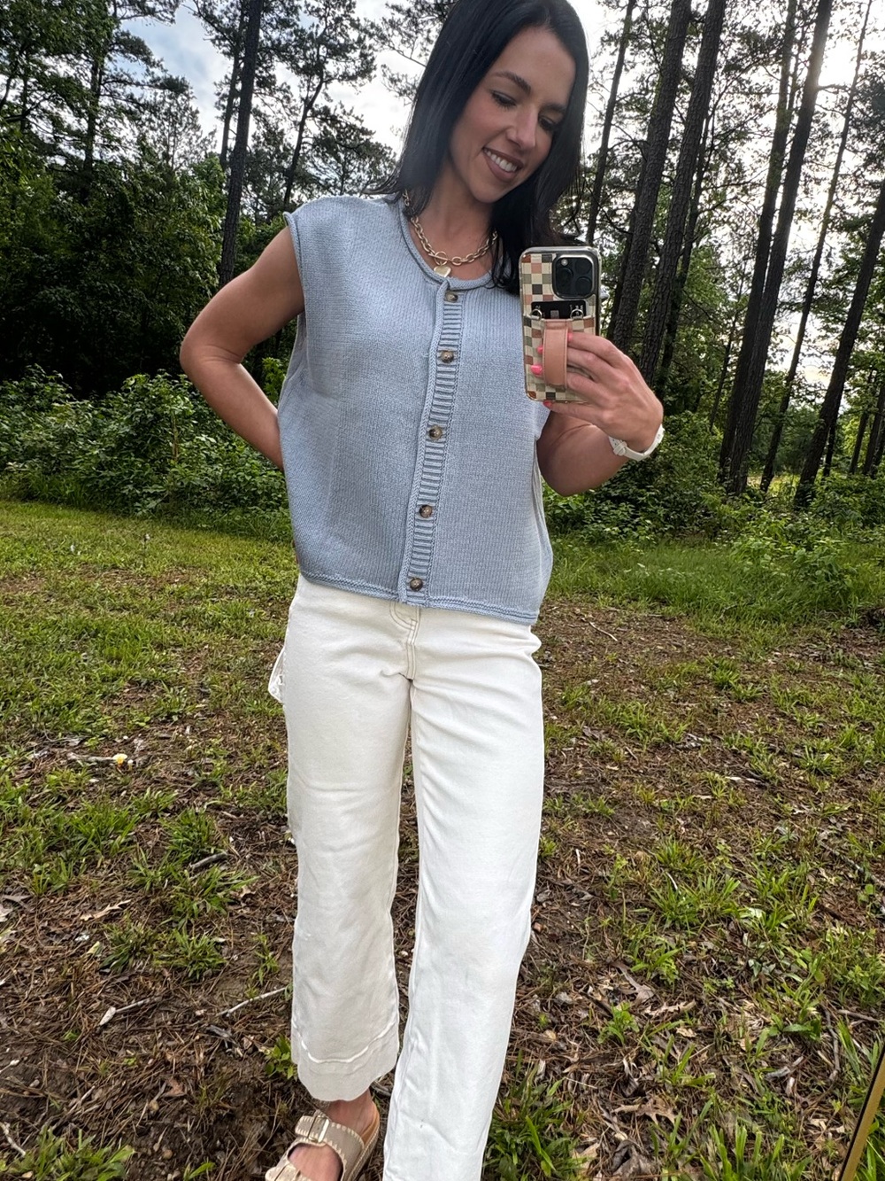 Light Blue Knit Summer Button-Front Sleeveless Top